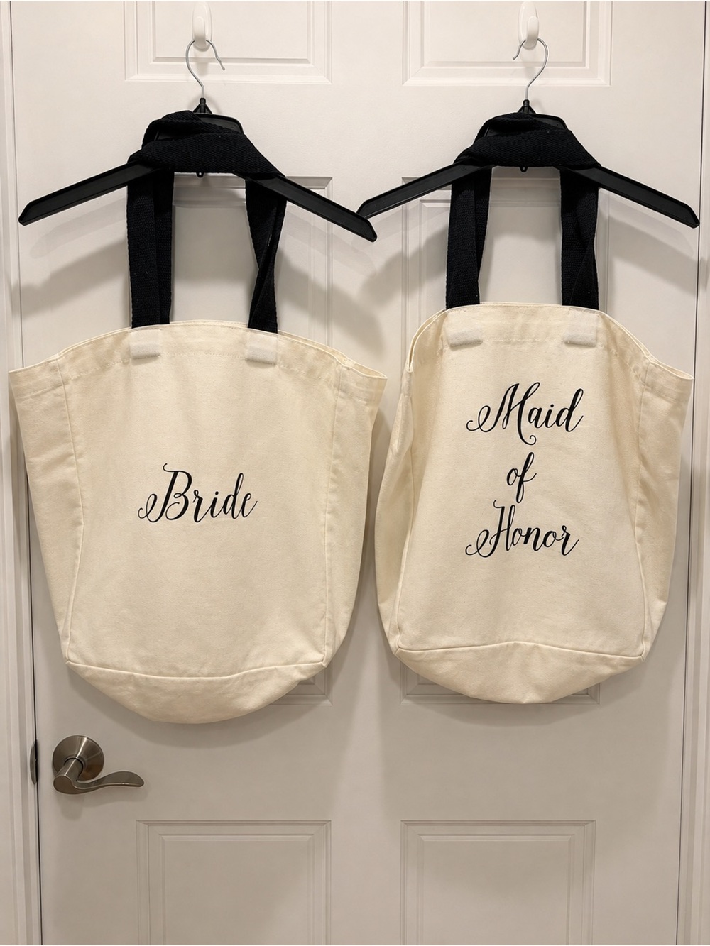 Bride and Maid of Honor Canvas Tote Bag with Black Handles